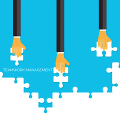Flat background with hands and puzzles. Teamwork management
