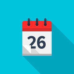 Flat calendar icon. Date and time background. Number 26