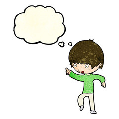 cartoon worried boy pointing with thought bubble