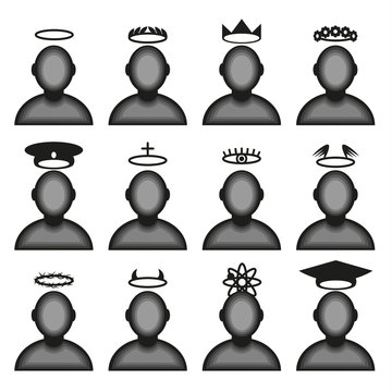 Male avatar profile icon set - head halos silhouette.