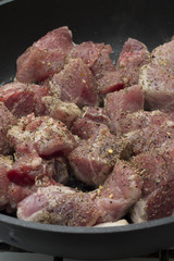 мясо, жарка, жареное, специи, свинина, говядина, баранина, мраморное, гриль, сковорода, лук, перец, масло, кипящее, жир, холестерин, плита, домашнее, диета, пища, 