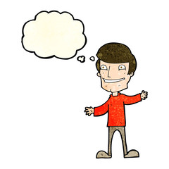 cartoon grinning man with thought bubble
