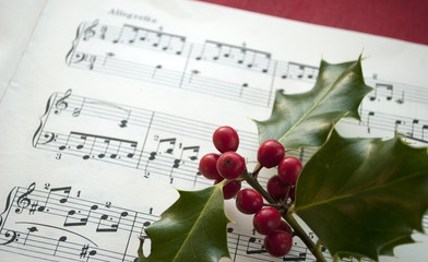Notenblätter für Klavier mit Ilex Zweig, Stechpalme mit roten Beeren 