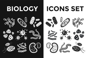 Bacteria virus black and white vector icons set