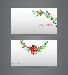 Business cards template. Illustration with watercolor leaves and cranberry. Colorful watercolor.