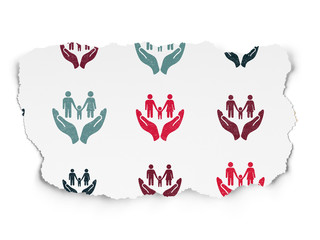 Insurance concept: Family And Palm icons on Torn Paper background