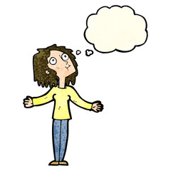 cartoon curious woman looking upwards with thought bubble