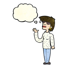 cartoon woman wearing spectacles with thought bubble