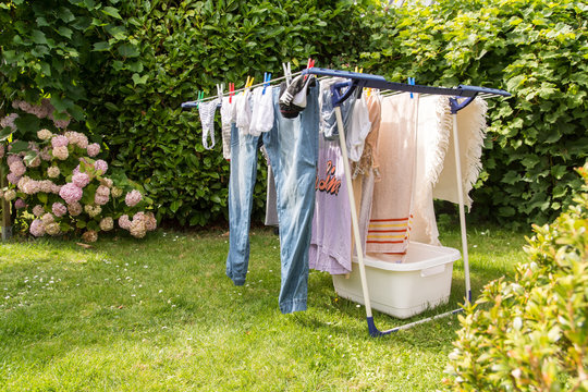 Wäscheständer trocknet die Wäsche im Garten Stock Photo | Adobe Stock