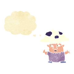 cartoon little mushroom man with thought bubble