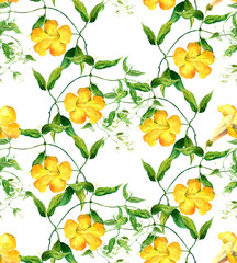 Yellow pattern with flowers. Repeating floral, watercolor 