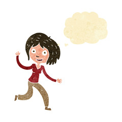 cartoon happy waving girl with thought bubble