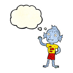 cartoon waving fish boy with thought bubble