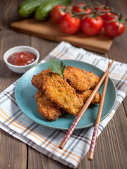 chicken fried in breadcrumbs on a blue plate