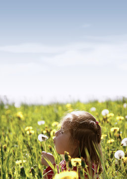Ein kleines Mädchen sitzt in einer Wiese und bläst in eine Pusteblume - Teil 1