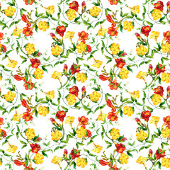 Yellow and red flowers pattern watercolor. Freesia, bindweed