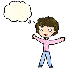 cartoon woman waving arms with thought bubble