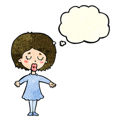 cartoon woman in dress with thought bubble