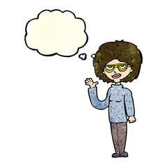 cartoon woman waving with thought bubble