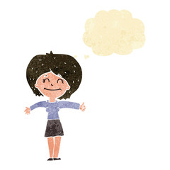 cartoon woman giving thumbs up sign with thought bubble