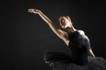 Beautiful ballerina in the role of a black swan, wearing black tutu on black background