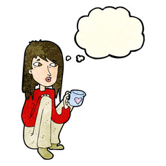 cartoon woman sitting with cup of coffee with thought bubble