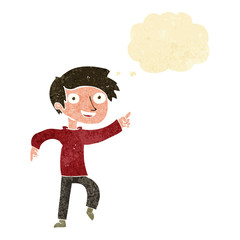 cartoon happy boy pointing with thought bubble