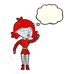 cartoon robot woman waving with thought bubble