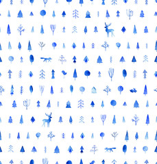 Seamless pattern. Winter forest. Deer, Fox, rabbit in the forest. Abstract watercolor pattern. Can be used for pattern fills, wallpapers,texture of fabric, surface textures.