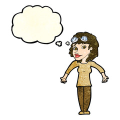 cartoon woman wearing goggles with thought bubble