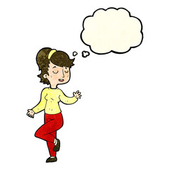 cartoon dancing woman with thought bubble