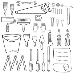 Tools for home repair. Vector illustration of Construction Equipment hand drawn sketches.