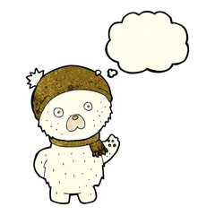 cartoon cute polar bear in winter hat and scarf with thought bub