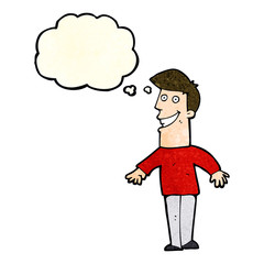 cartoon grinning man with thought bubble