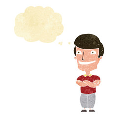 cartoon grinning man with thought bubble