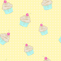 Seamless pattern of cupcakes. Sweet cupcakes with cherry.
