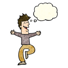 cartoon laughing man with thought bubble