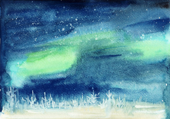 Winter landscape with snowy pine forest and aurora starry sky. Watercolor painting.