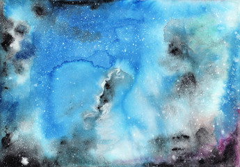 Abstract space watercolor background with starry sky and gas clouds