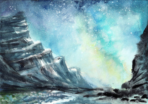 Space watercolor scene with nighty rocks against starry sky