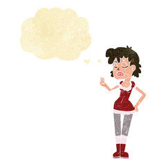 cartoon woman making dismissive gesture with thought bubble