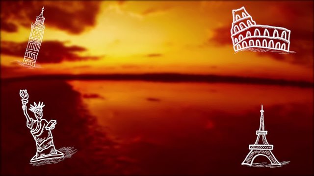 Sunset symbols sketch trip Eiffel Tower Big Ben inscriptions fly background