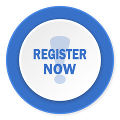 register now blue circle 3d modern design flat icon on white background