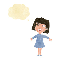 cartoon happy woman in dress with thought bubble