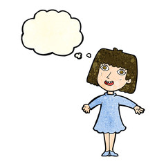 cartoon happy woman in dress with thought bubble