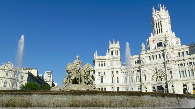 landmark of famous neoclassical sculpture monument fountain of greek goddess Cibeles in Madrid city Spain Europe. Made in year 1782 by Ventura Rodriguez artist

