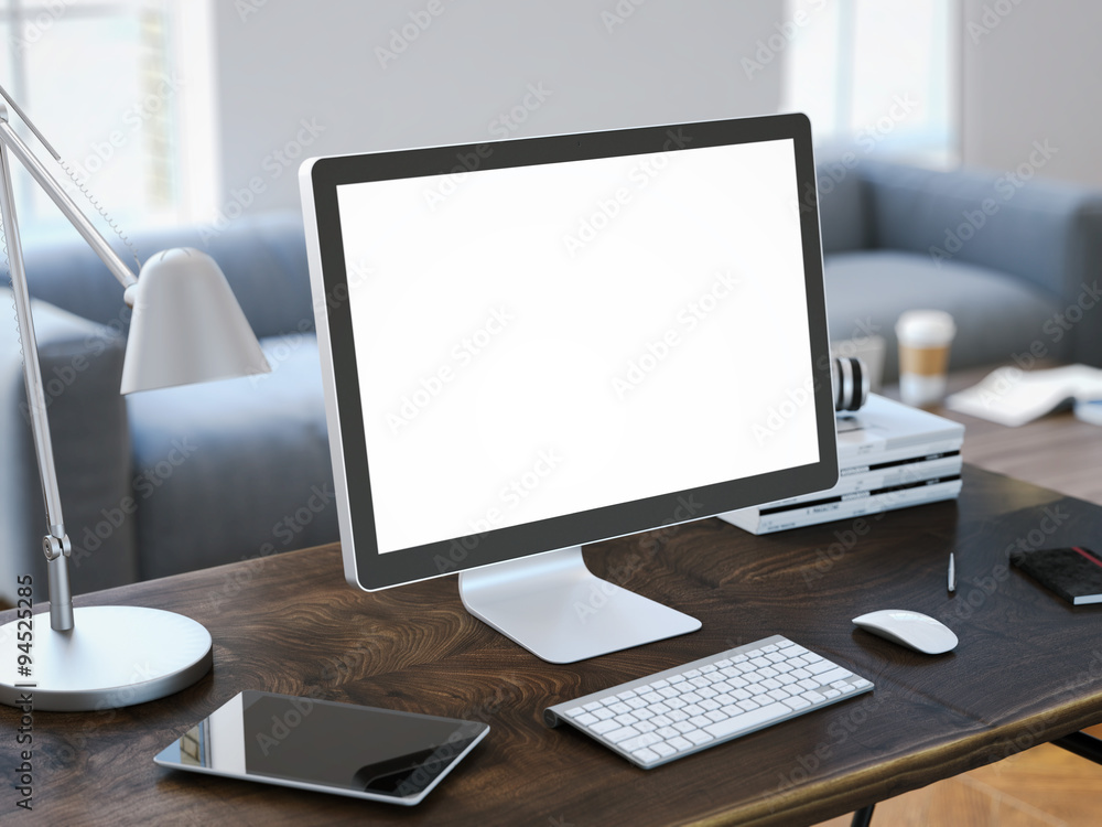 Poster workplace with computer and blank screen. 3d rendering