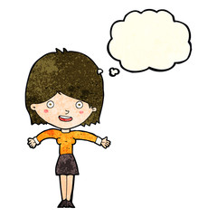 cartoon excited woman with thought bubble