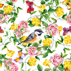 Repeating pattern with yellow flower, rose, bird and butterflies