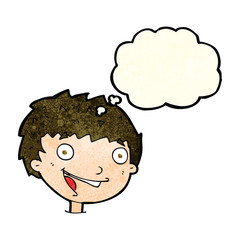 cartoon laughing boy with thought bubble